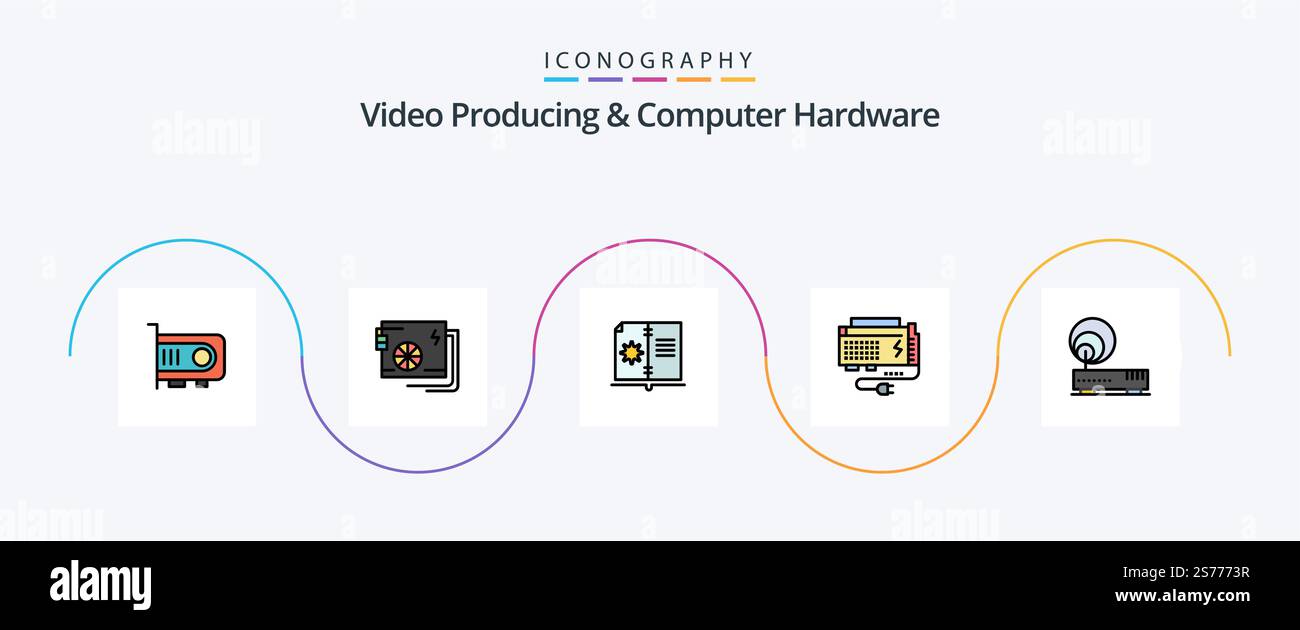 Video Producing And Computer Hardware Line Filled Flat 5 Icon Pack Including source. computer. supply. battery. instruction Stock Vector