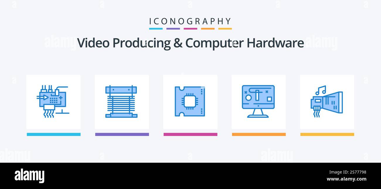Video Producing And Computer Hardware Blue 5 Icon Pack Including graphics. design. cpu. computer. processor. Creative Icons Design Stock Vector