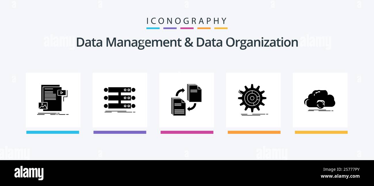 Data Management And Data Organization Glyph 5 Icon Pack Including management. setting. database. copying. file. Creative Icons Design Stock Vector