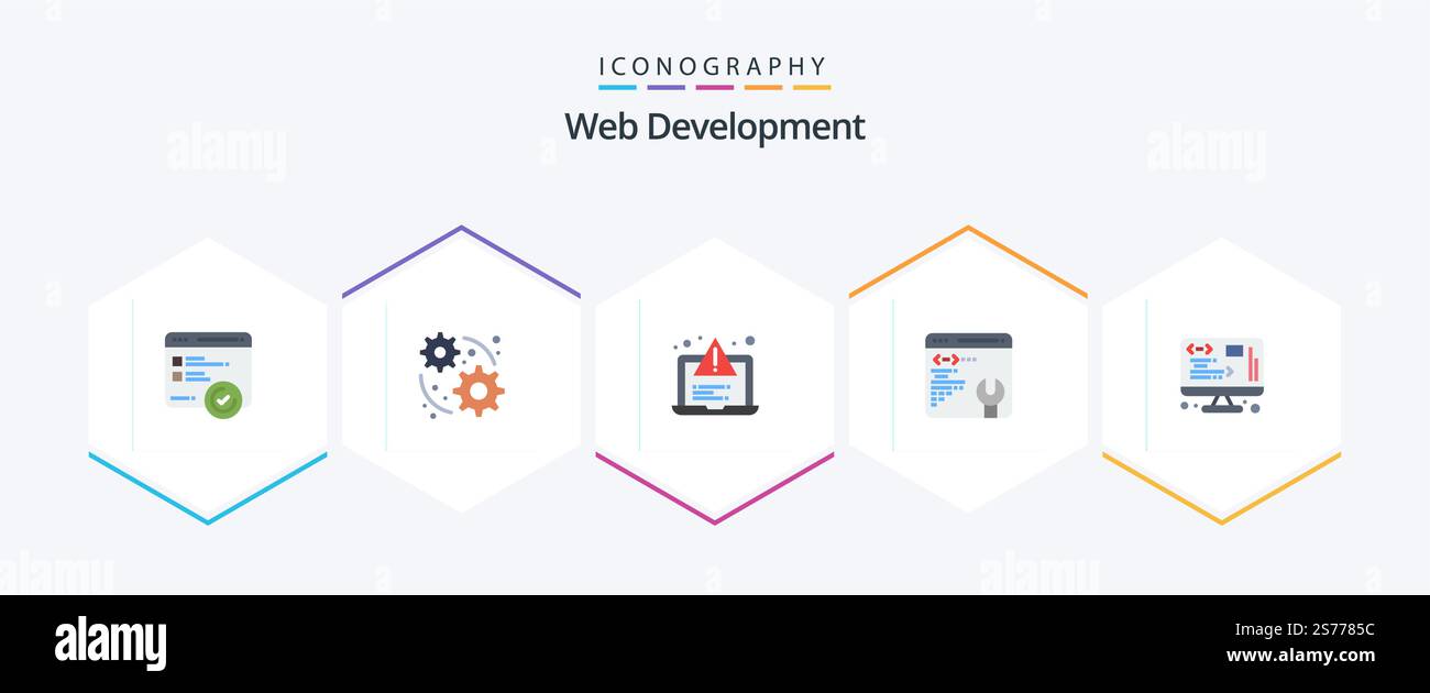 Web Development 25 Flat icon pack including web. development. alert. data. web page Stock Vector