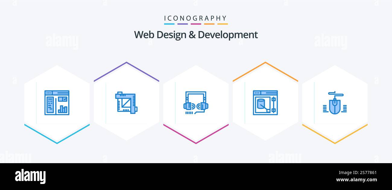 Web Design And Development 25 Blue icon pack including computer. web. headphone. tool. design Stock Vector