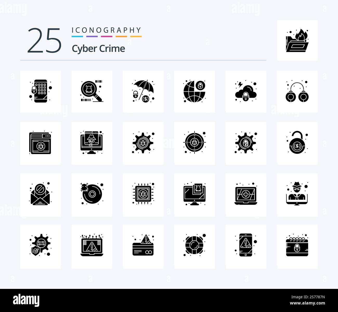 Cyber Crime 25 Solid Glyph icon pack including security. lock. cloud. security Stock Vector