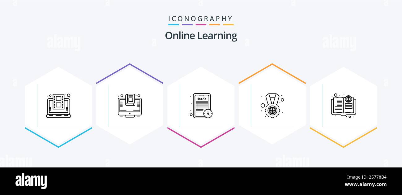 Online Learning 25 Line icon pack including book. world. screen. study abroad. study time Stock Vector