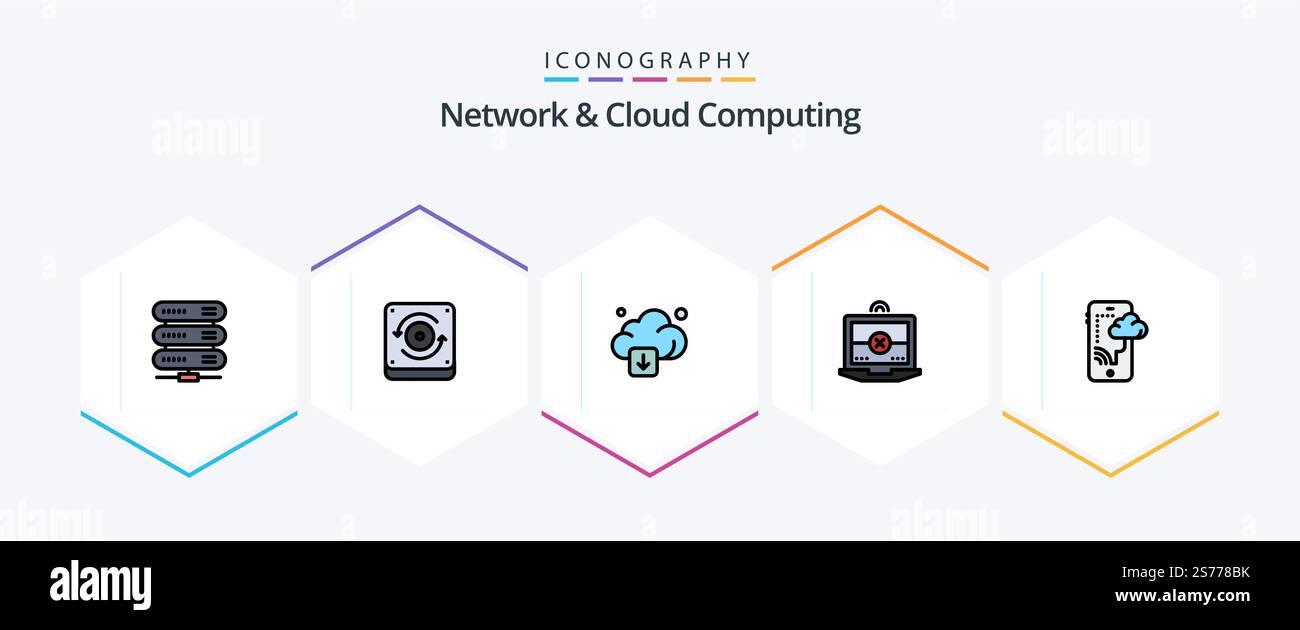 Network And Cloud Computing 25 FilledLine icon pack including technology. connection. arrow. cloud. computing Stock Vector