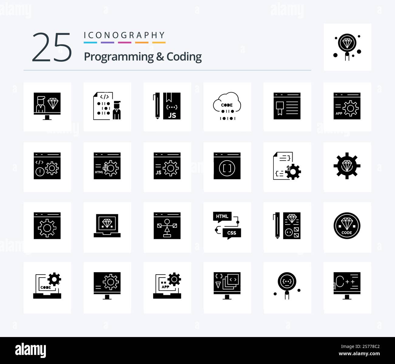 Programming And Coding 25 Solid Glyph icon pack including develop. browser. development. website. development Stock Vector
