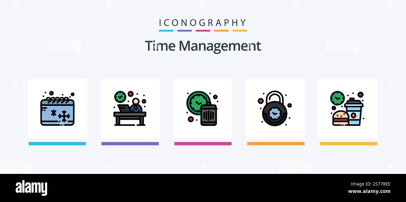 Time Management Line Filled 5 Icon Pack Including management. working ...