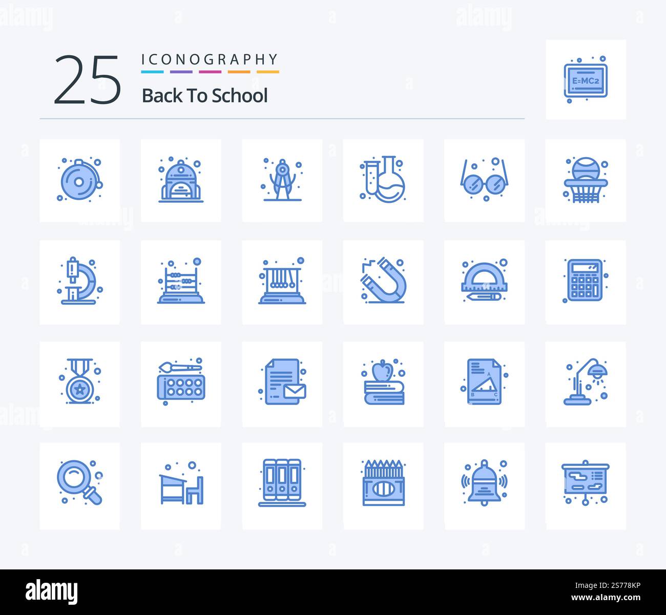 Back To School 25 Blue Color icon pack including school. education. school. glasses. flask Stock Vector