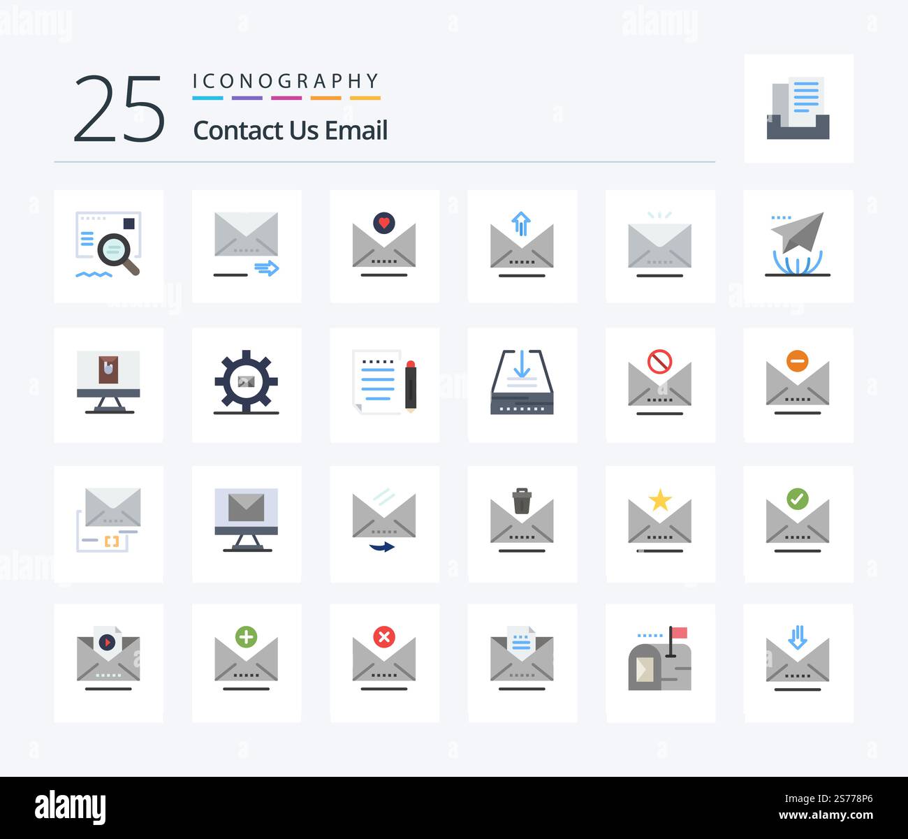 Email 25 Flat Color icon pack including mail. email. email. upload. letter Stock Vector