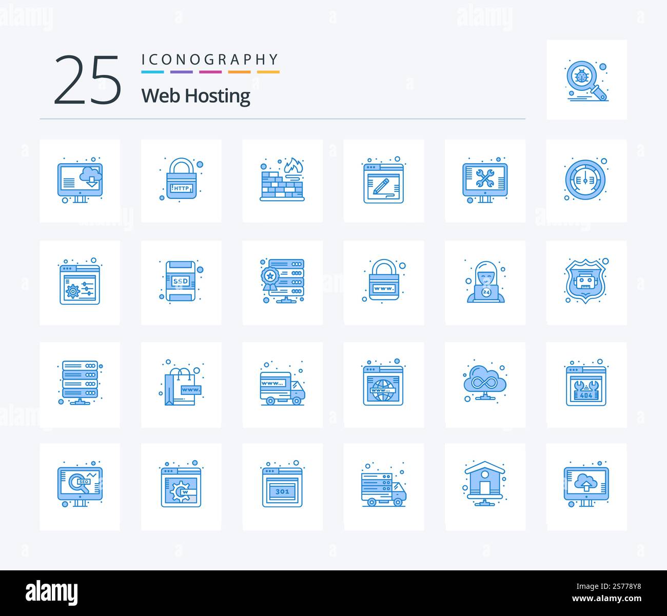 Web Hosting 25 Blue Color icon pack including support. repair. database. web. comment Stock Vector