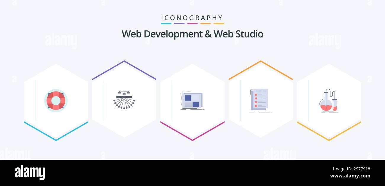 Web Development And Web Studio 25 Flat icon pack including checklist. structure. text. frame Stock Vector