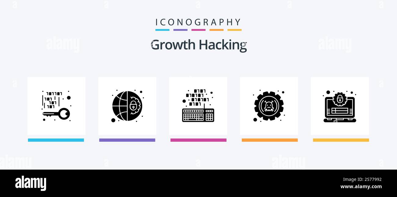 Hacking Glyph 5 Icon Pack Including settings. error. settings. defect. scripting. Creative Icons Design Stock Vector