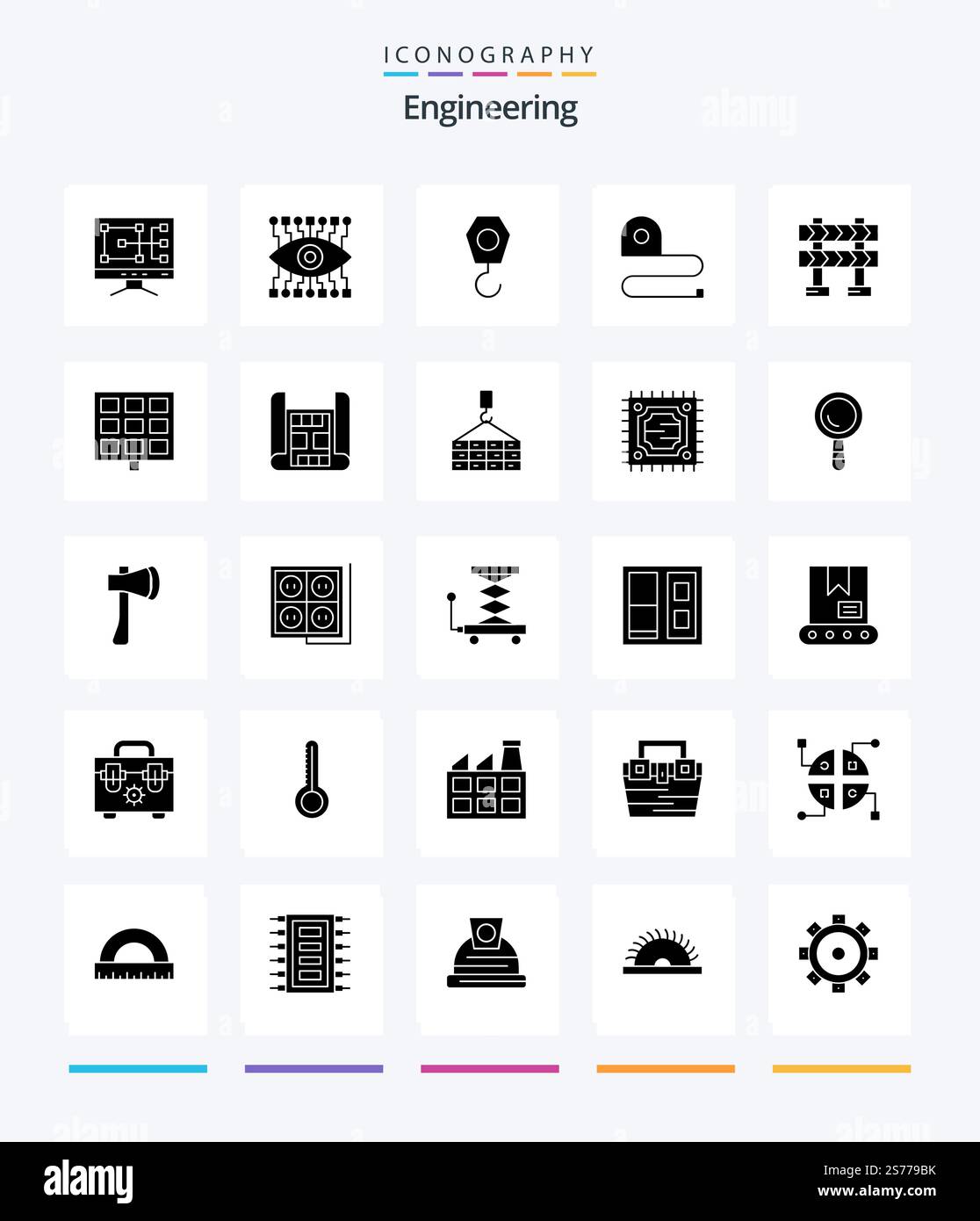 Creative Engineering 25 Glyph Solid Black icon pack  Such As solar. construction. hook. barrier. tape Stock Vector