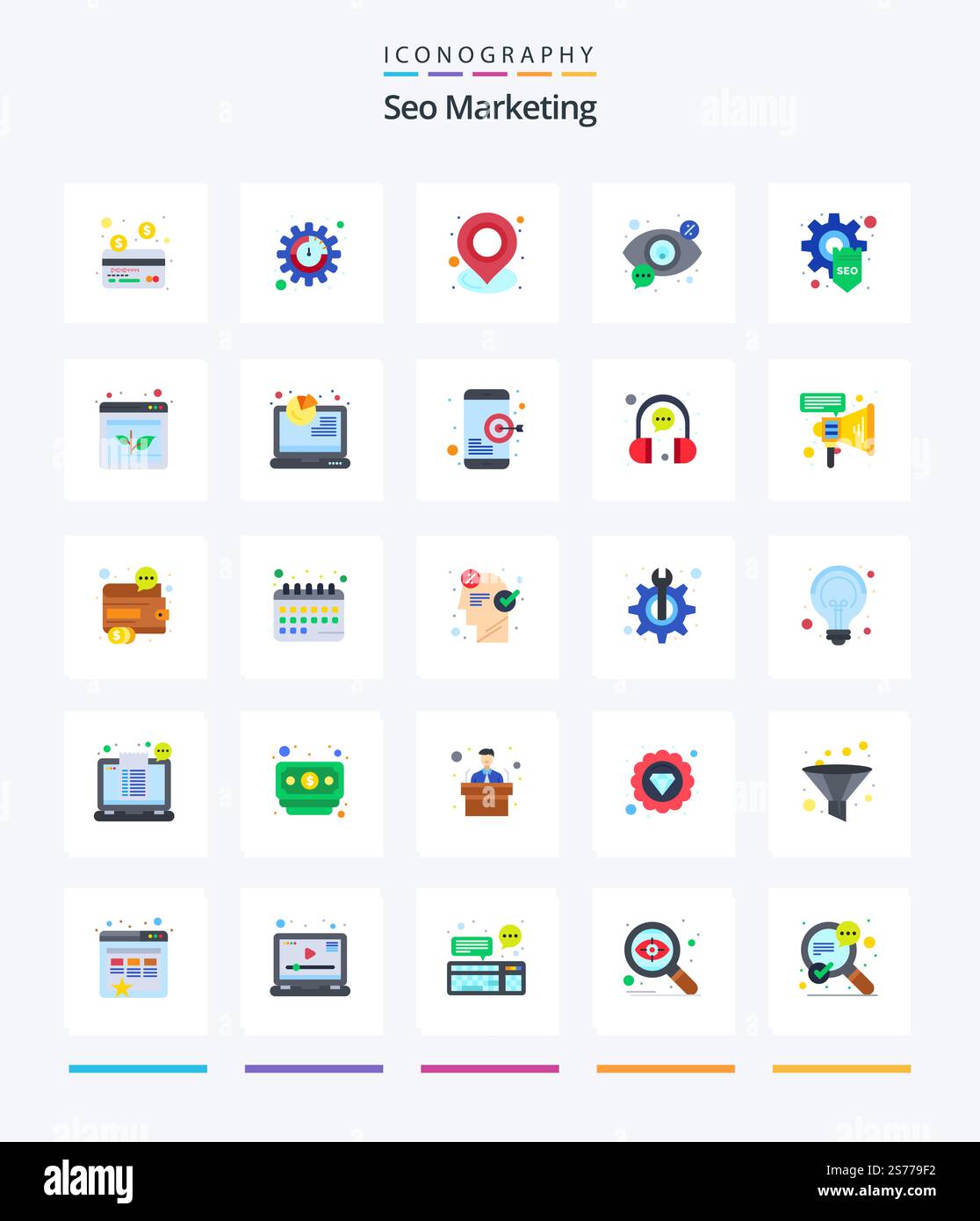 Creative Seo Marketing 25 Flat icon pack  Such As optimization. vision. map. view. search Stock Vector