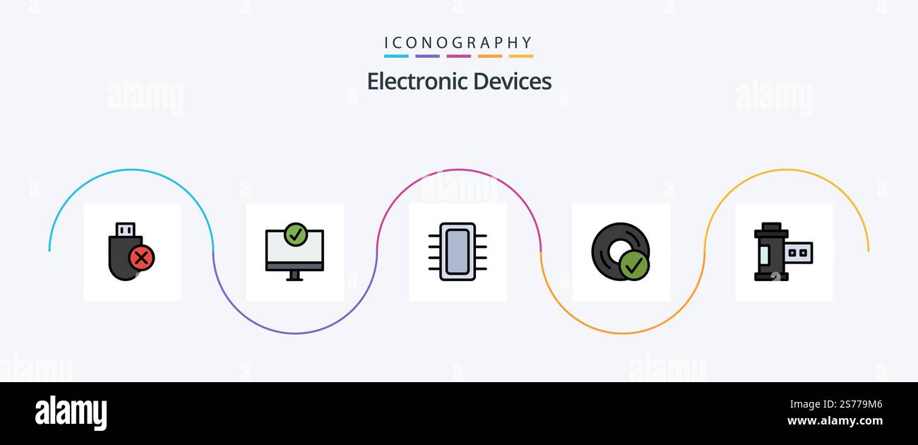 Devices Line Filled Flat 5 Icon Pack Including devices. computers. gadget. hardware. devices Stock Vector