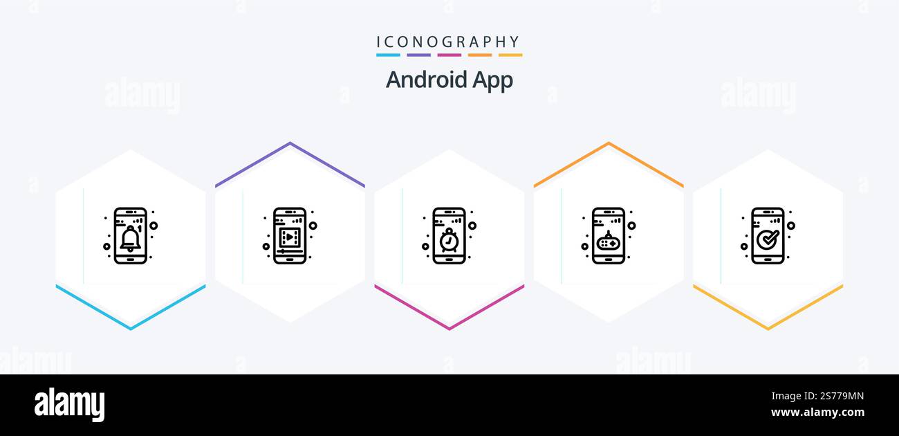 Android App 25 Line icon pack including check. mobile. contact. game. app Stock Vector