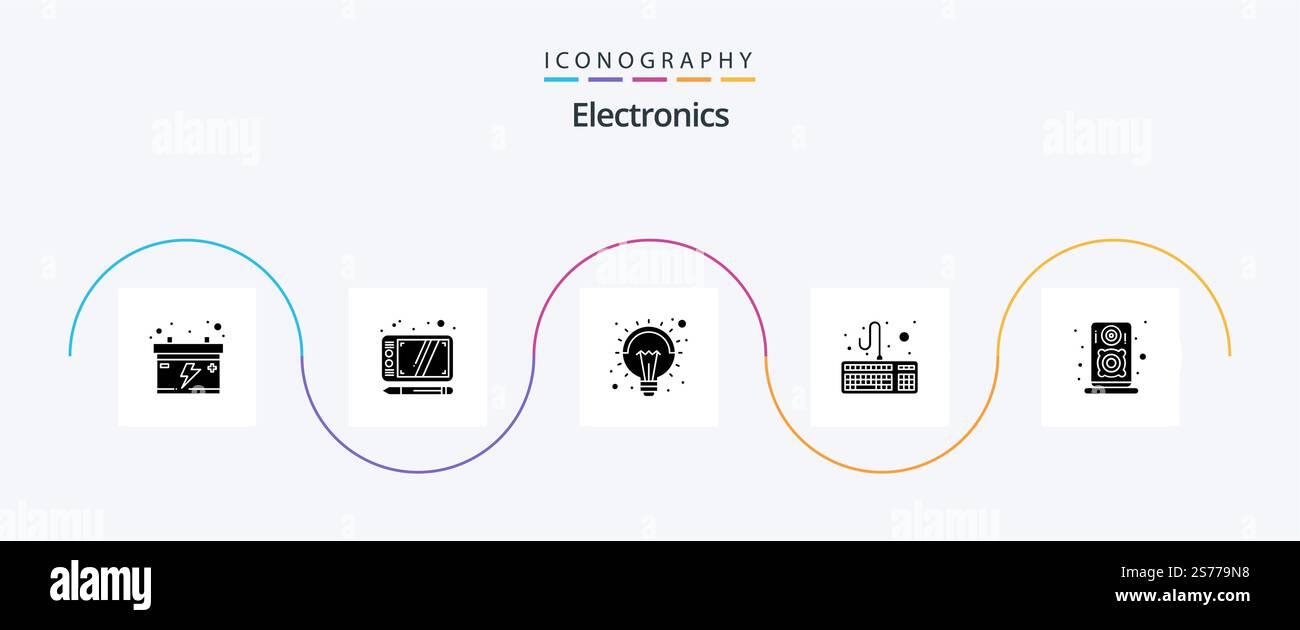 Electronics Glyph 5 Icon Pack Including . speaker. light. loudspeaker. keyboard Stock Vector
