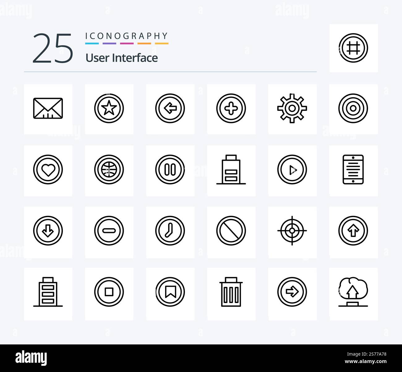 User Interface 25 Line icon pack including user. interface. user. gear. plus Stock Vector