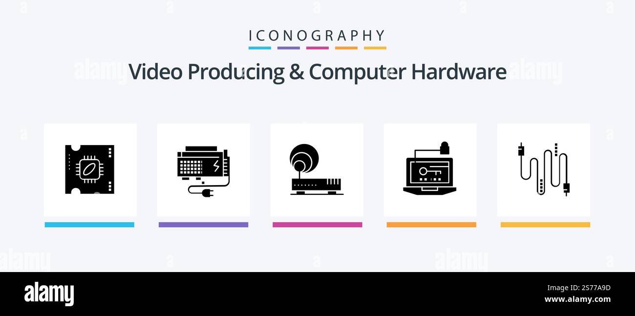 Video Producing And Computer Hardware Glyph 5 Icon Pack Including laptop. hardware. source. computer. network. Creative Icons Design Stock Vector