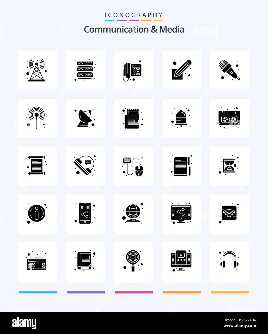 Creative Communication And Media 25 Glyph Solid Black icon pack  Such As sound. mic. home. script. screenplay Stock Vector