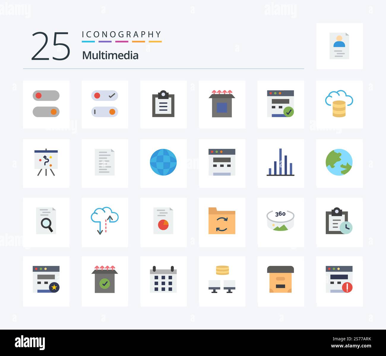 Multimedia 25 Flat Color icon pack including strategy. board. setup. hosting. backup Stock Vector