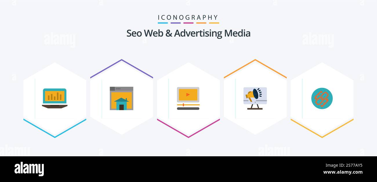 Seo Web And Advertising Media 25 Flat icon pack including loudspeaker. speaker. layout. mp mp. player Stock Vector