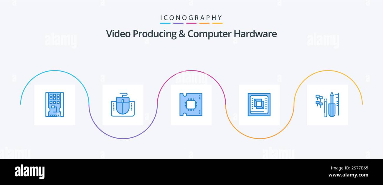 Video Producing And Computer Hardware Blue 5 Icon Pack Including processor. cpu. computer. computer. processor chip Stock Vector