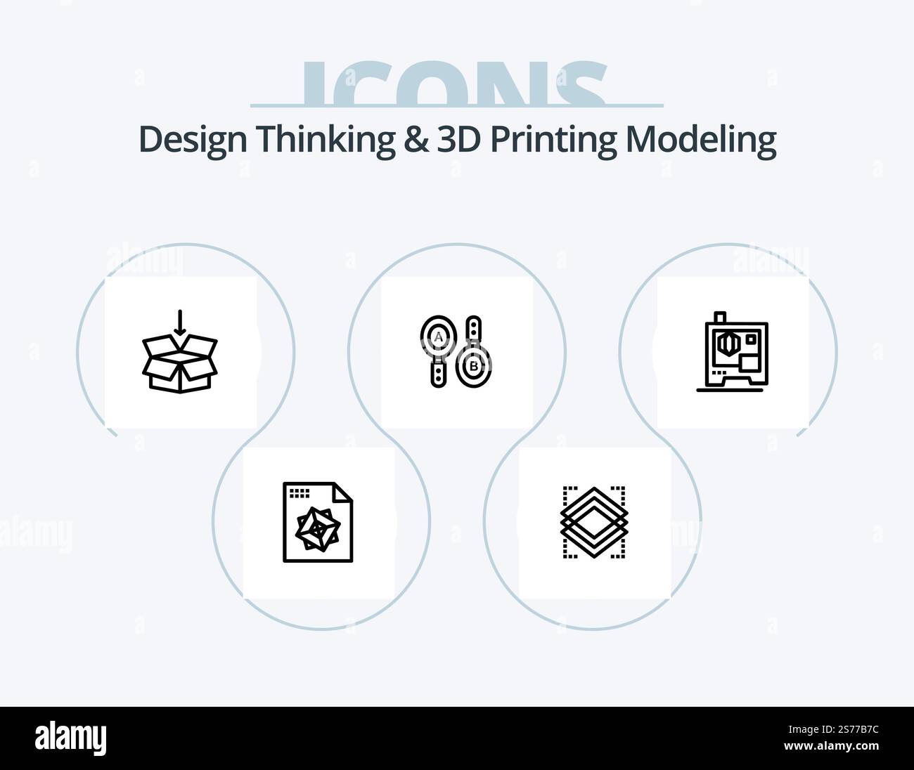 Design Thinking And D Printing Modeling Line Icon Pack 5 Icon Design. object. controller. search. setting. processingd Stock Vector
