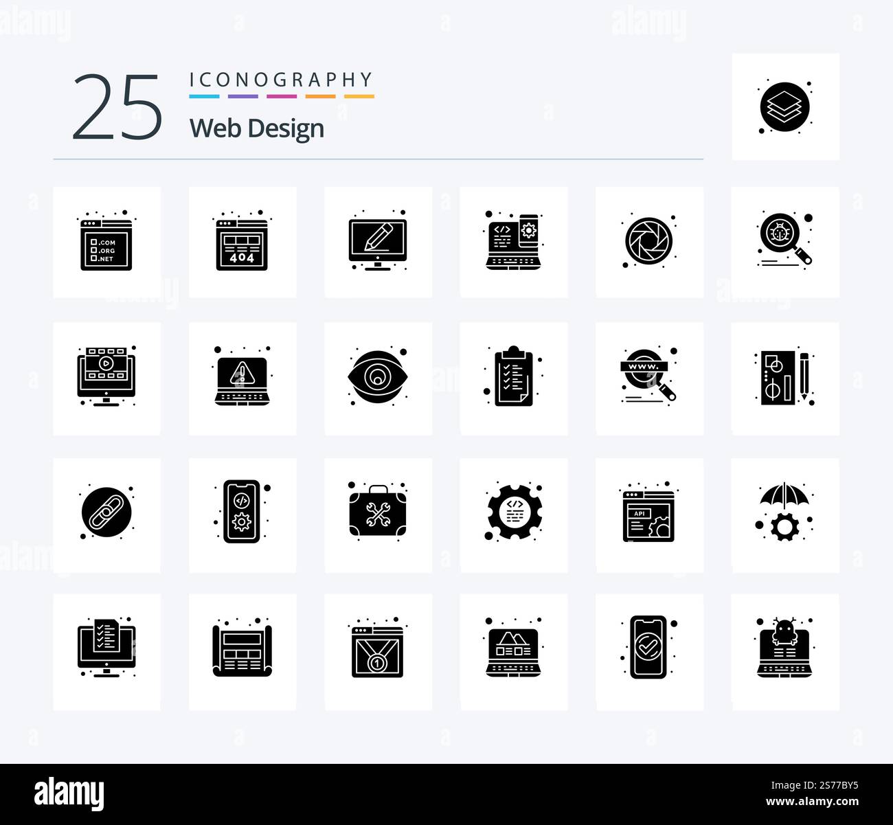 Web Design 25 Solid Glyph icon pack including wheel. color. pencil. web ...