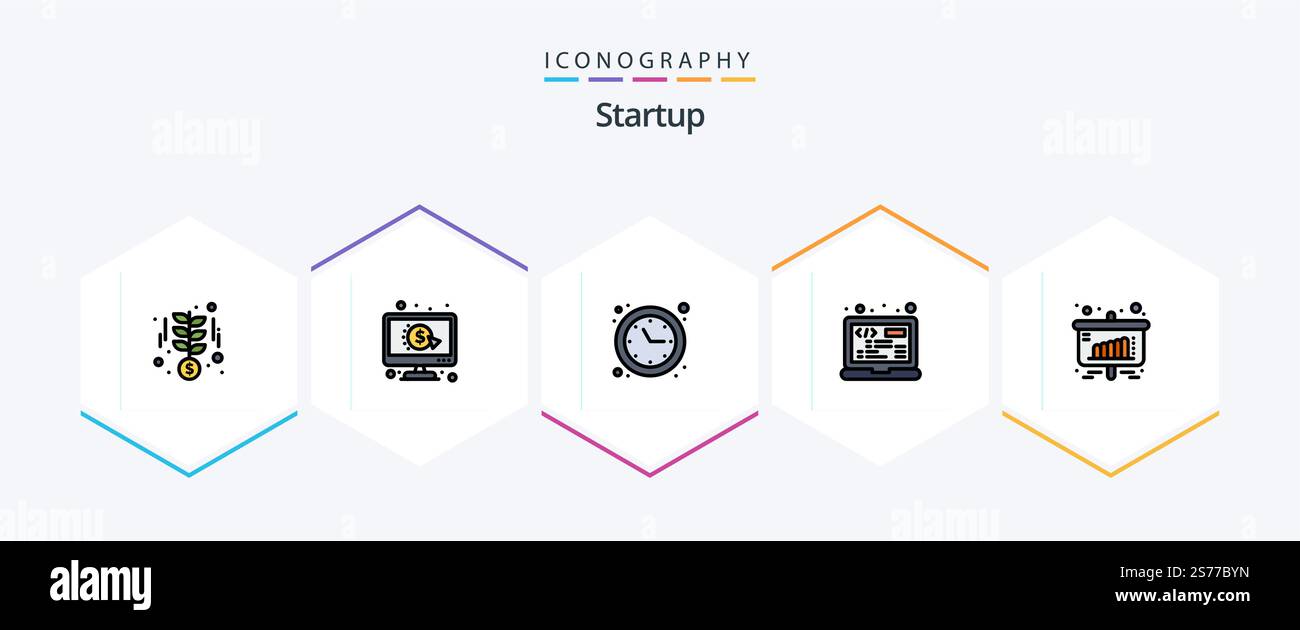 Startup 25 FilledLine icon pack including chart. html. clock. programming. coding Stock Vector