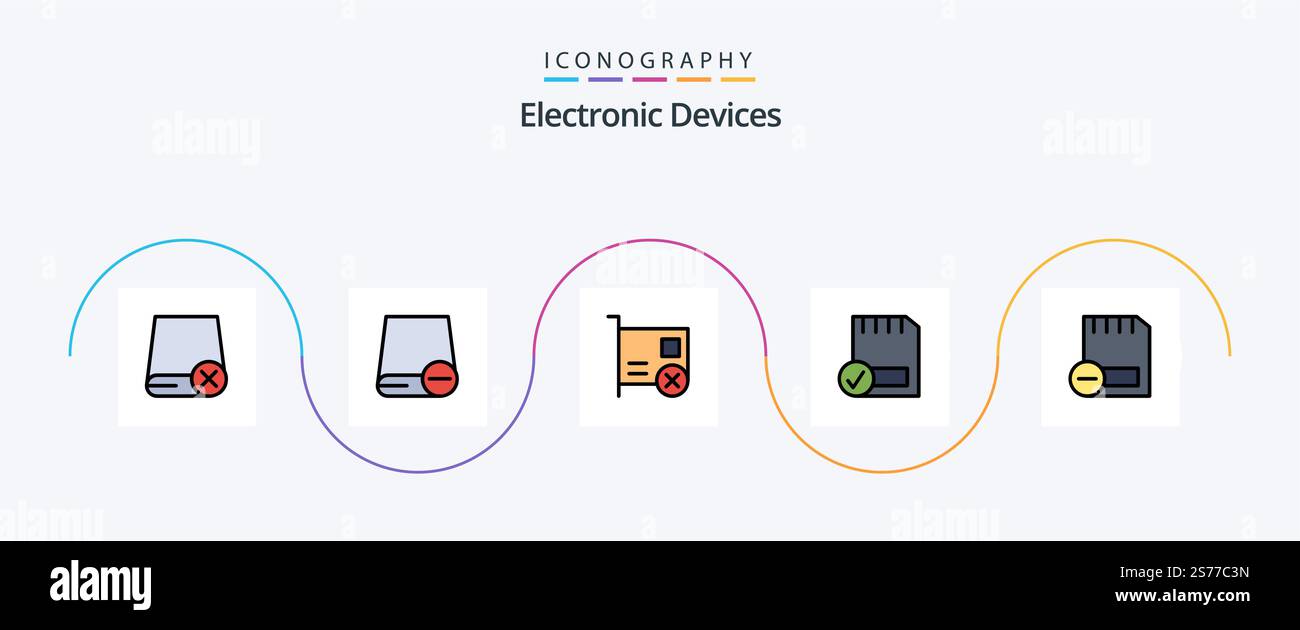 Devices Line Filled Flat 5 Icon Pack Including devices. card. hardware. hardware. connected Stock Vector