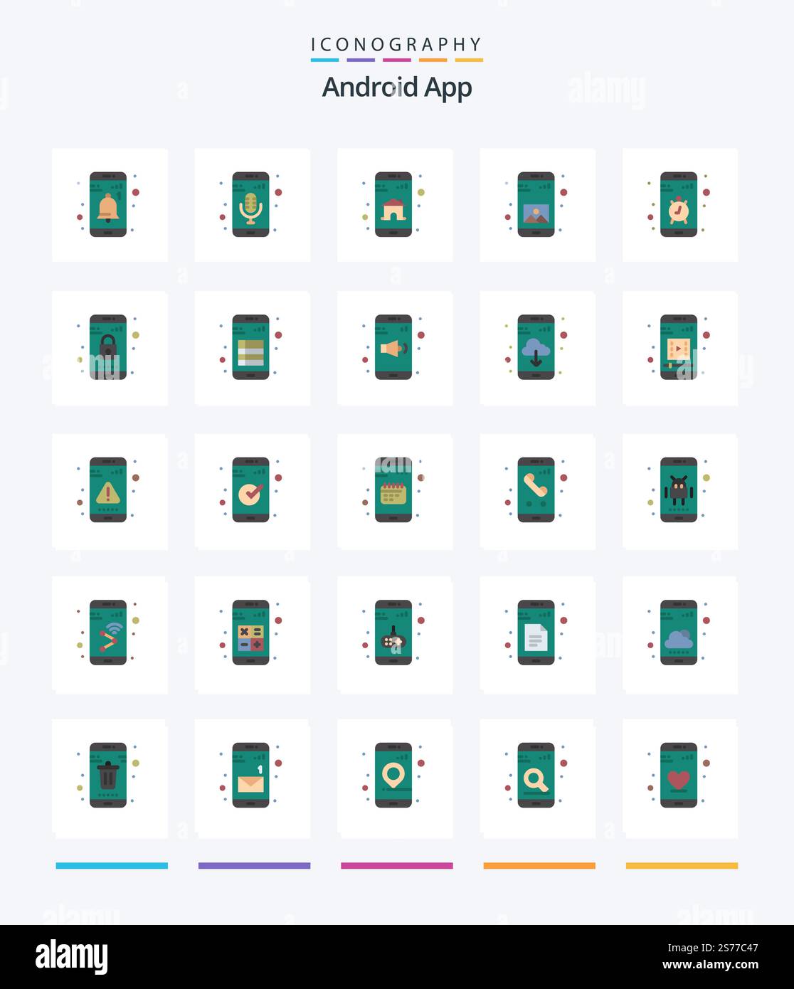 Creative Android App 25 Flat icon pack  Such As contact. mobile. app. gallery. app Stock Vector