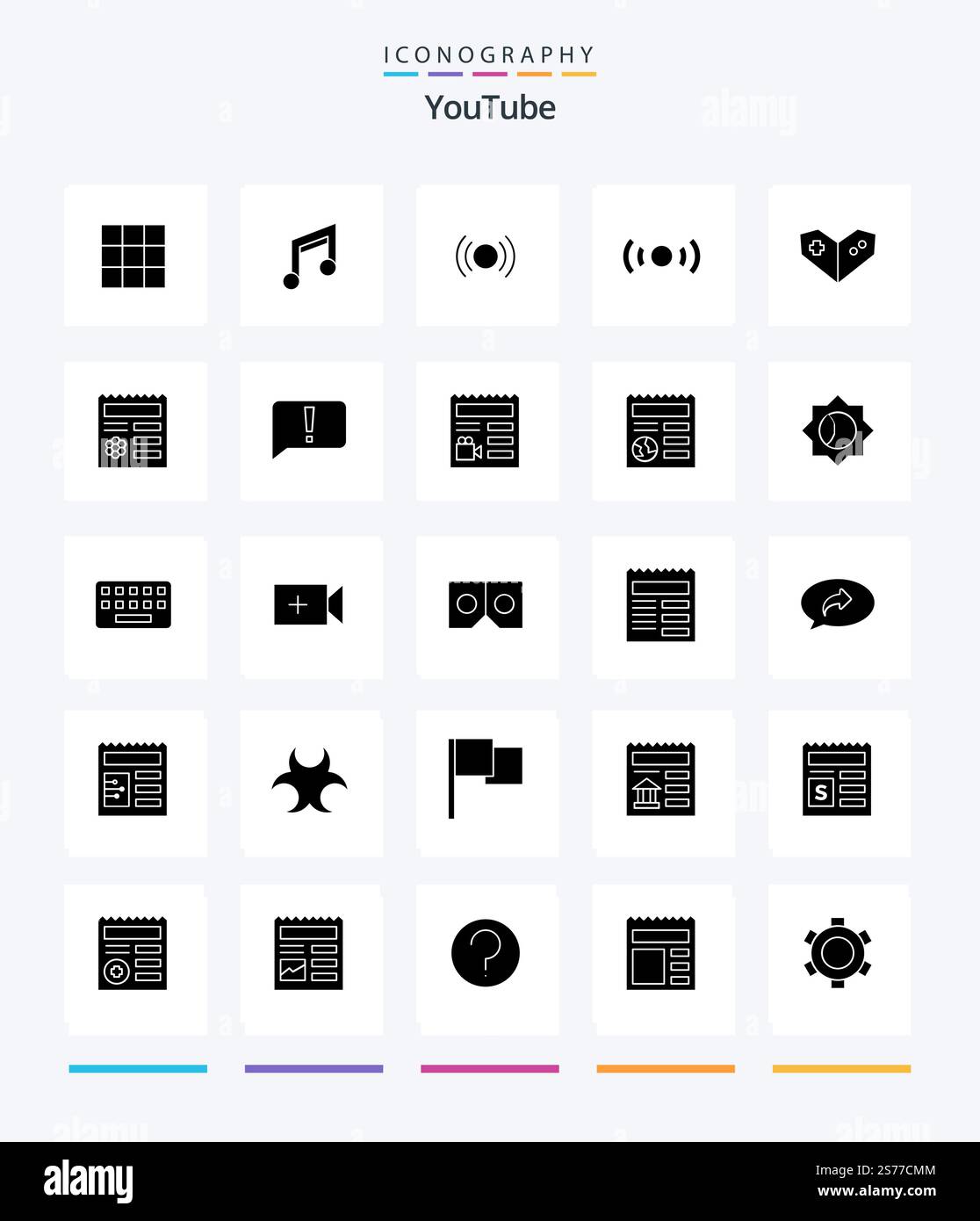 Creative Youtube 25 Glyph Solid Black icon pack  Such As ui. playstation. basic. videogame. ux Stock Vector