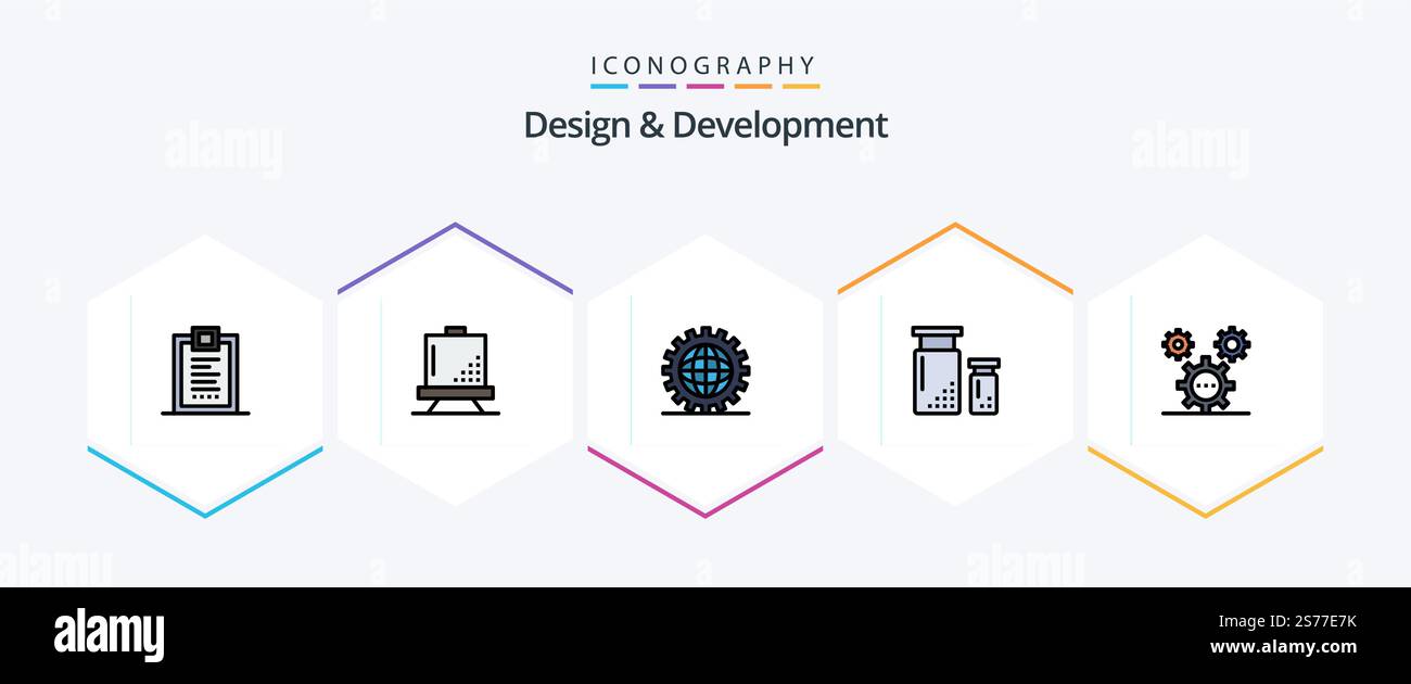 Design and Development 25 FilledLine icon pack including design. coding. development. programing. development Stock Vector