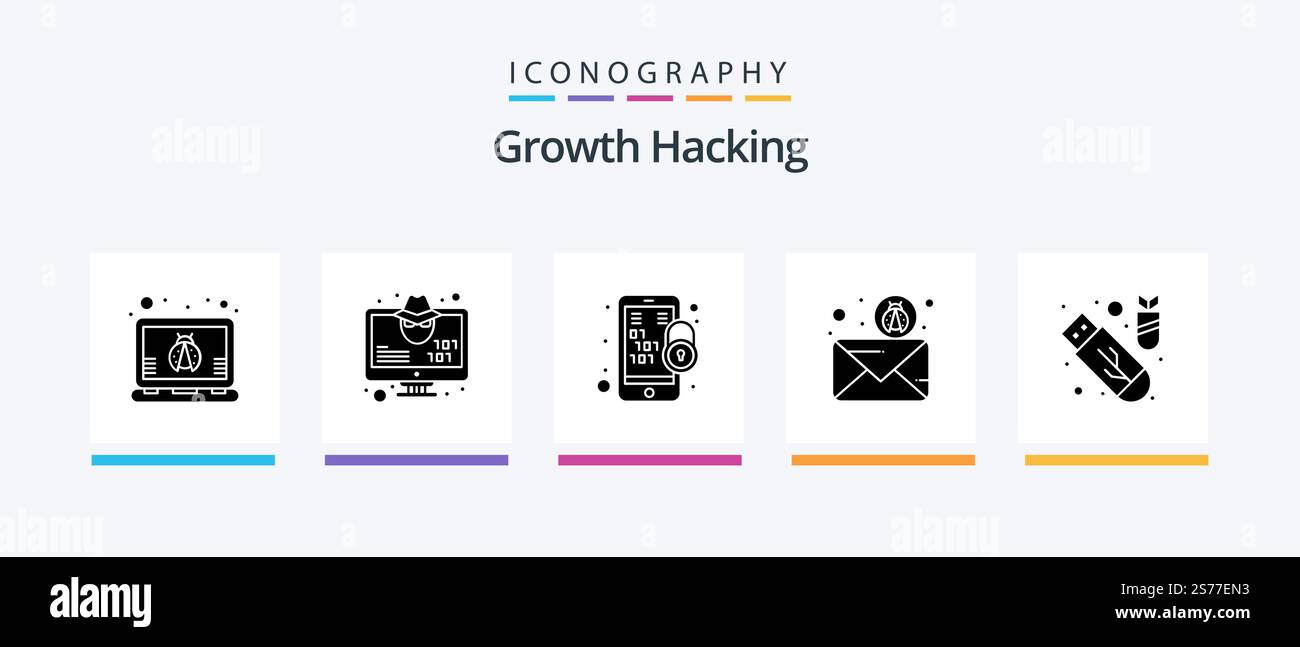 Hacking Glyph 5 Icon Pack Including attack. virus. encryption. spam. forward. Creative Icons Design Stock Vector