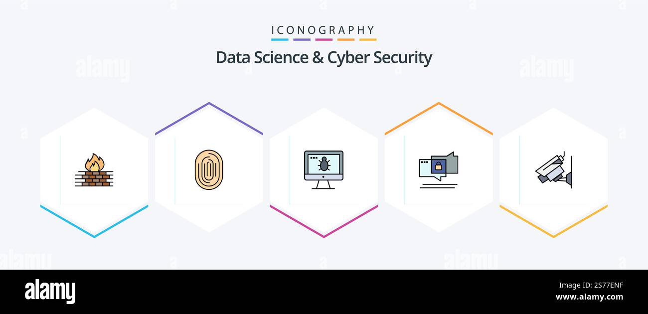 Data Science And Cyber Security 25 FilledLine icon pack including security. chat. scan. security. bug Stock Vector