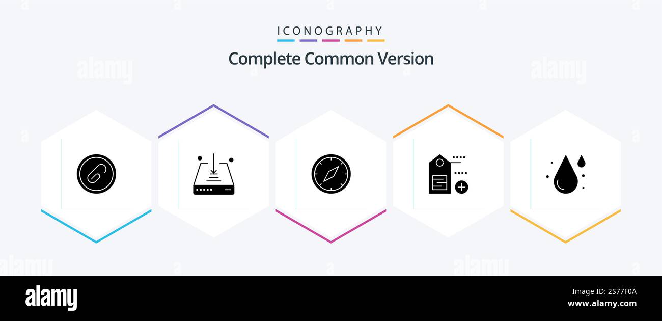 Complete Common Version 25 Glyph icon pack including blood. label. save. add. location Stock Vector