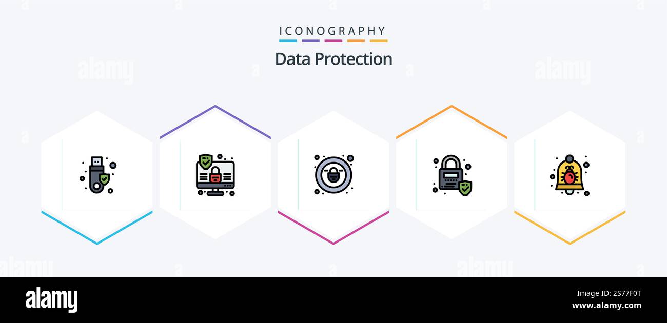 Data Protection 25 FilledLine icon pack including security. bell. padlock. alarm. security Stock Vector