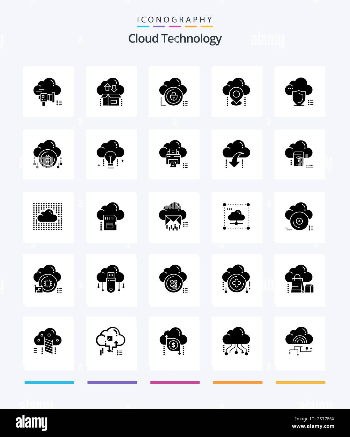 Creative Cloud Technology 25 Glyph Solid Black icon pack  Such As cloud. location. package. private. secure Stock Vector