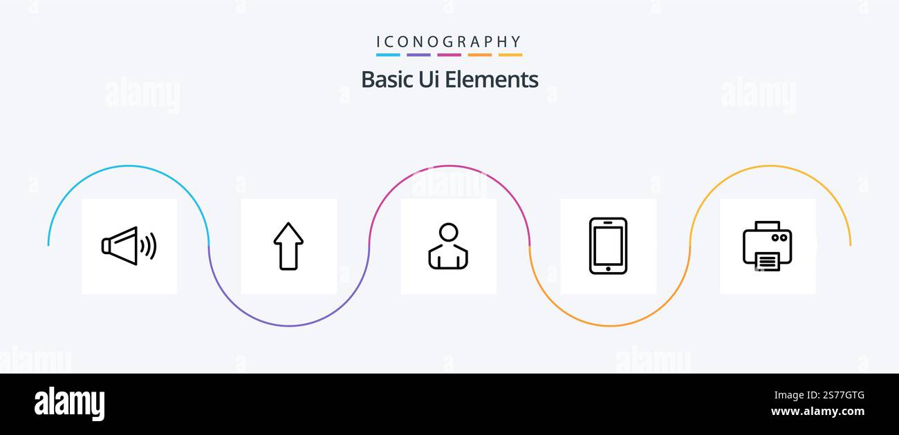 Basic Ui Elements Line 5 Icon Pack Including printed. printer. male. call. mobile Stock Vector