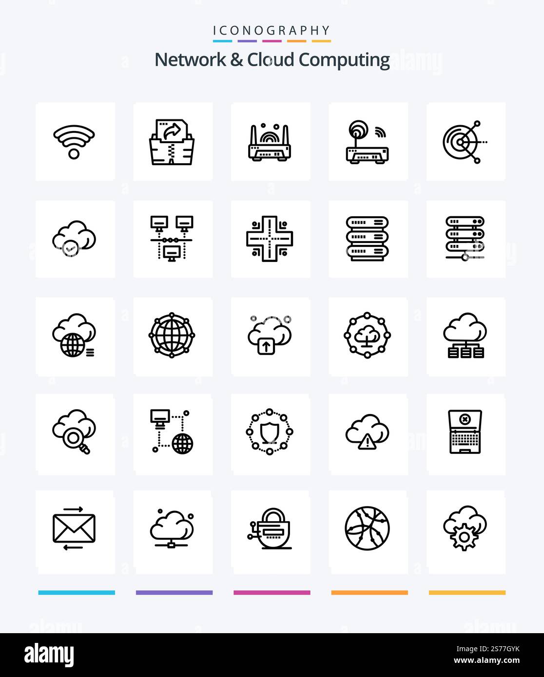 Creative Network And Cloud Computing 25 OutLine icon pack  Such As technology. safe. router. cloud. disk Stock Vector