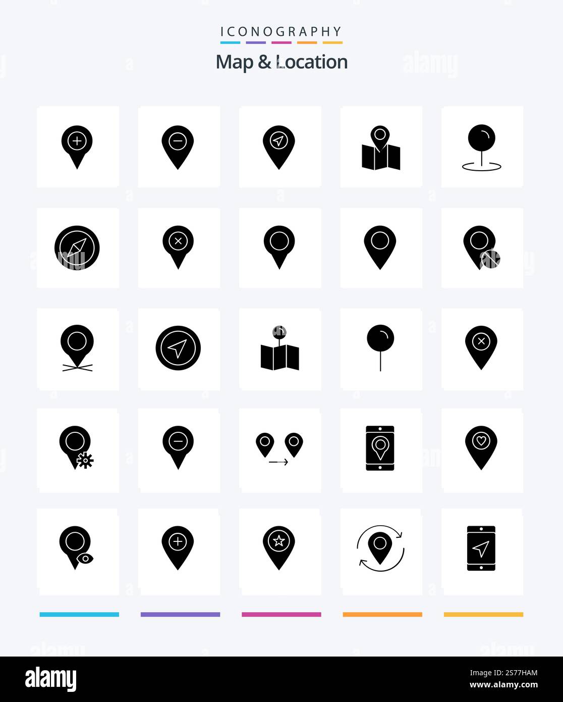 Creative Map & Location 25 Glyph Solid Black icon pack  Such As pin. map. marker. location. pointer Stock Vector