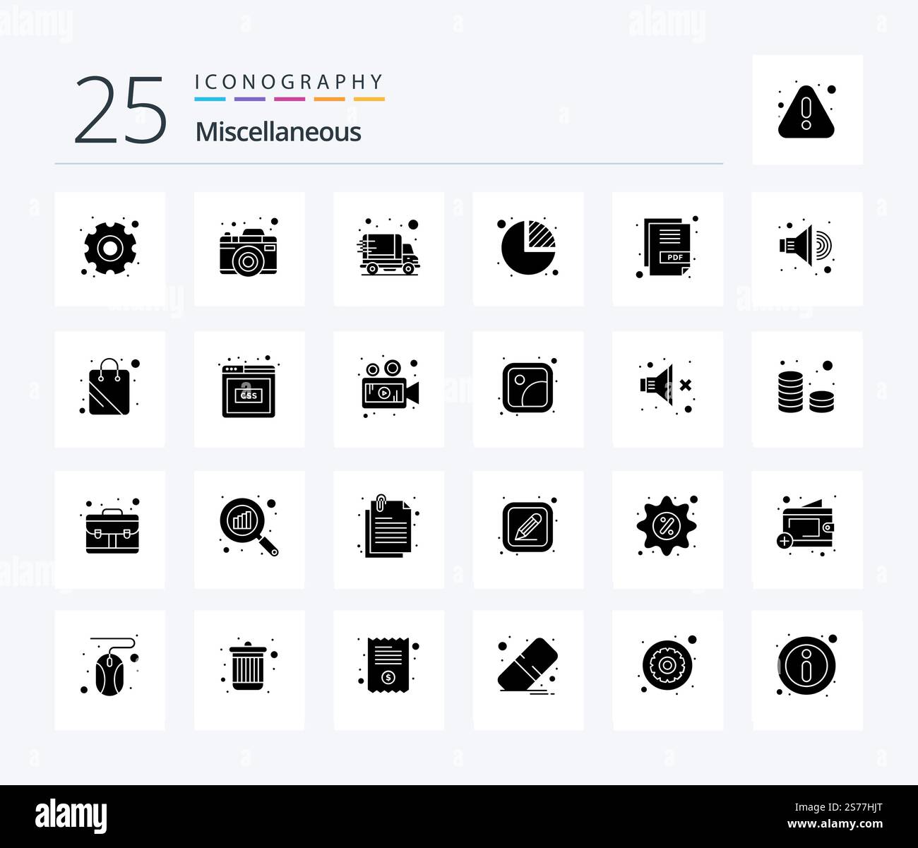 Miscellaneous 25 Solid Glyph icon pack including pdf. delivery. statistics. chart Stock Vector