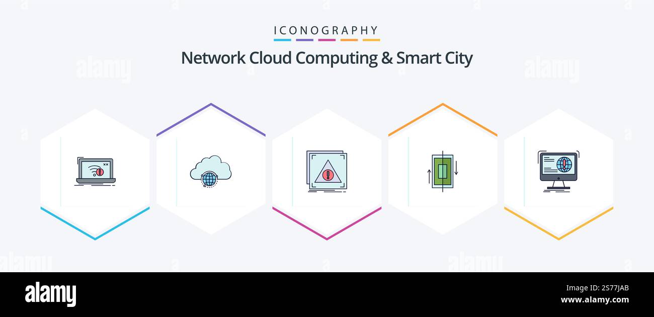 Network Cloud Computing And Smart City 25 FilledLine icon pack including data. sync. hub. alert. denied Stock Vector