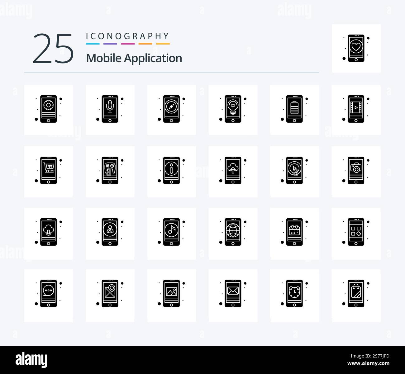 Mobile Application 25 Solid Glyph icon pack including battery. idea. app. creativity. application Stock Vector
