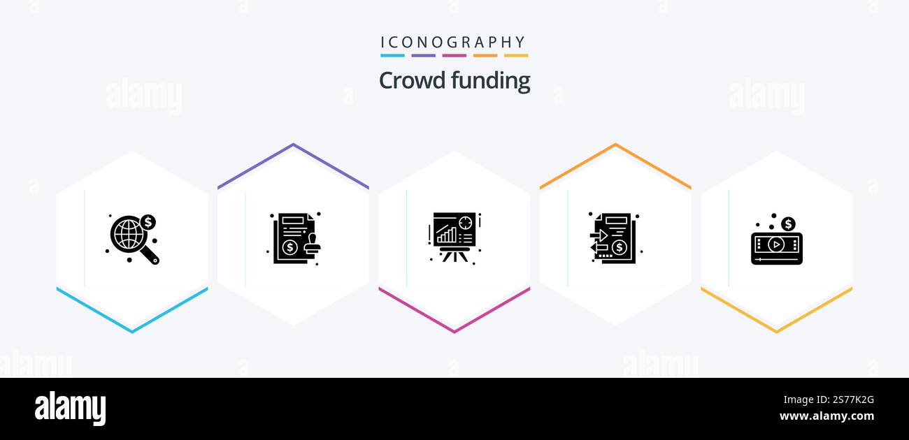 Crowdfunding 25 Glyph icon pack including media. money. graph. stack. documents Stock Vector