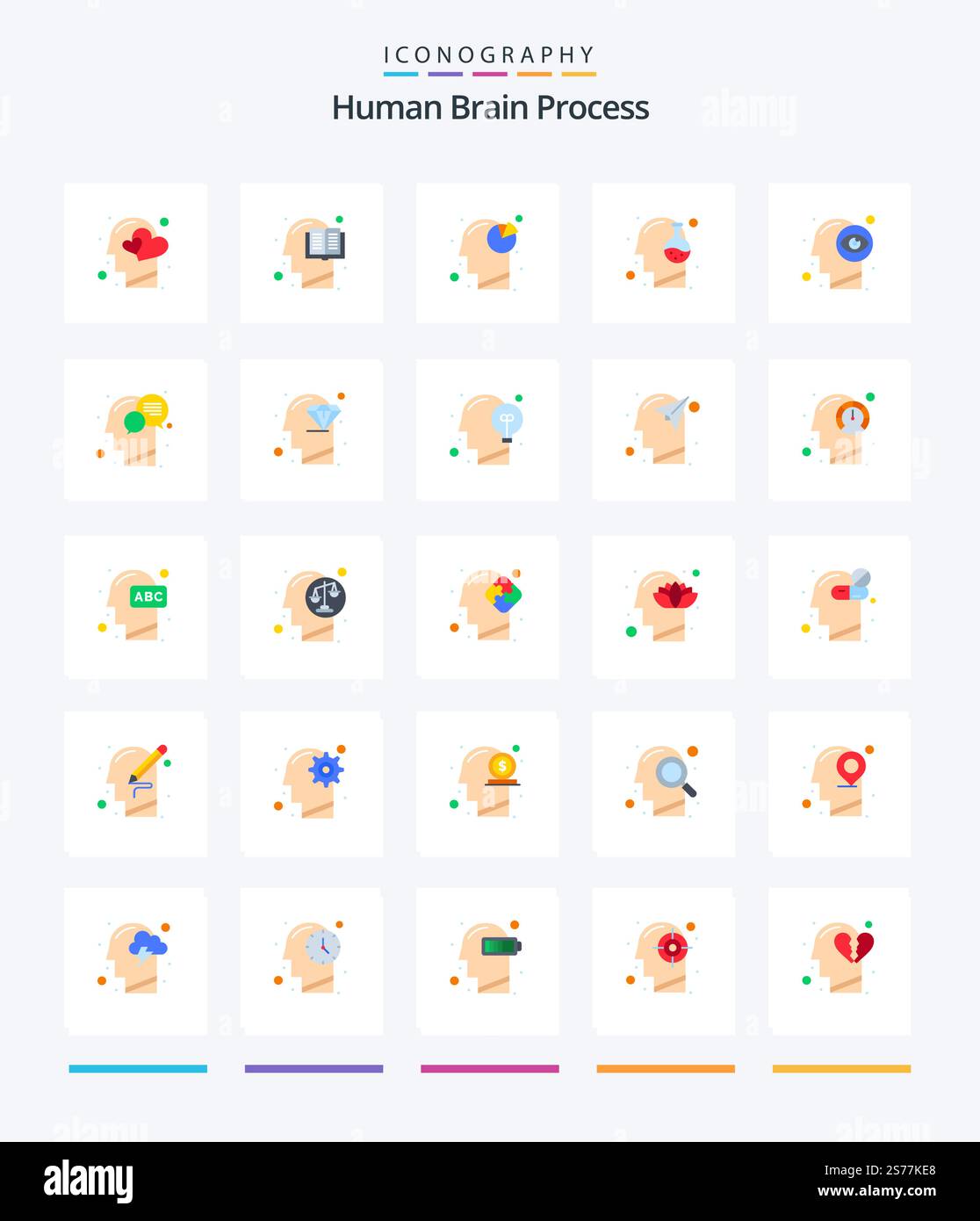 Creative Human Brain Process 25 Flat icon pack  Such As mind. human. human. head. head Stock Vector