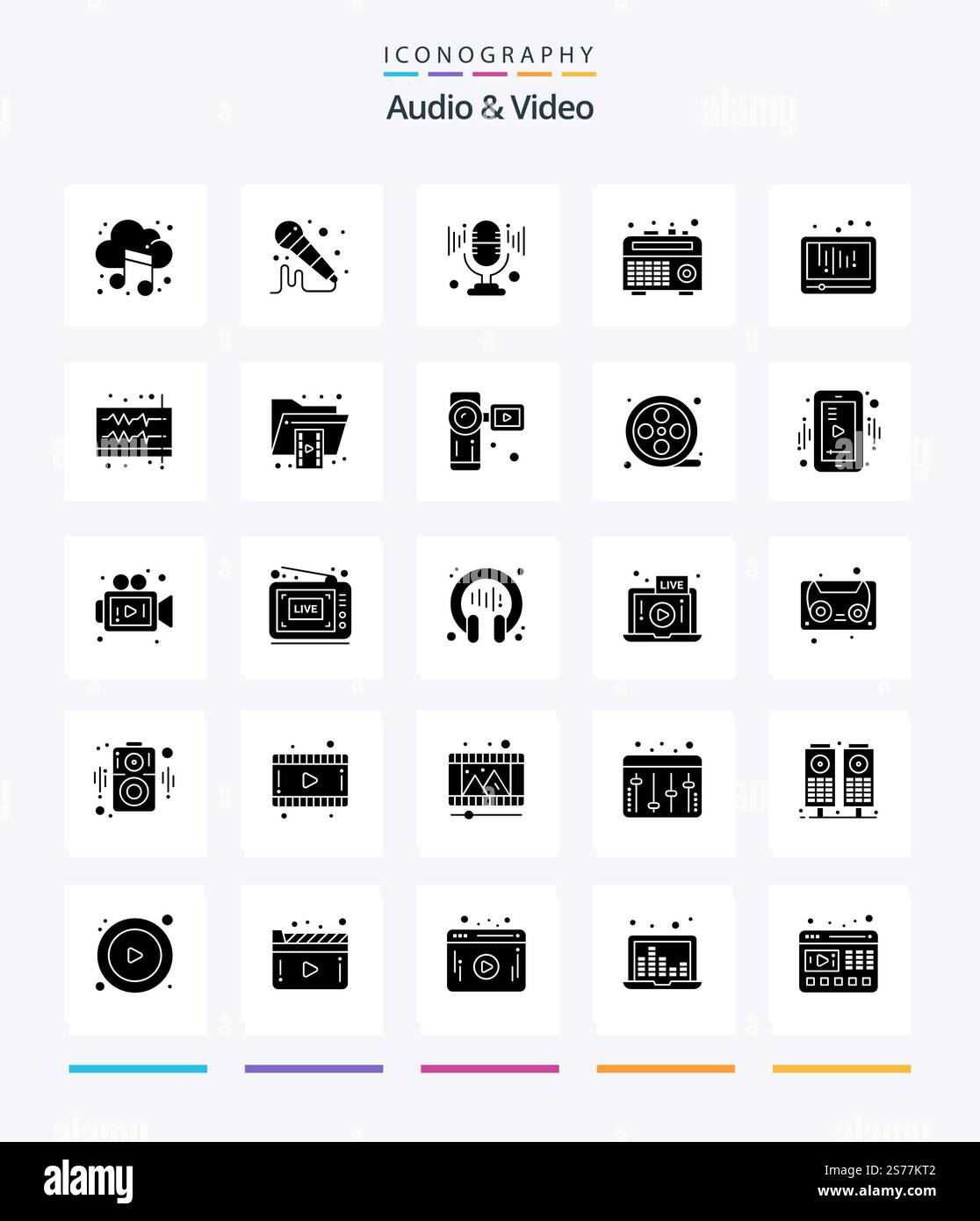 Creative Audio And Video 25 Glyph Solid Black icon pack  Such As sound. audio. radio. social media. play Stock Vector