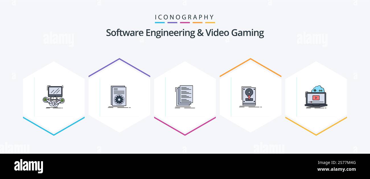 Software Engineering And Video Gaming 25 FilledLine icon pack including hdd. install. running. list. compile Stock Vector