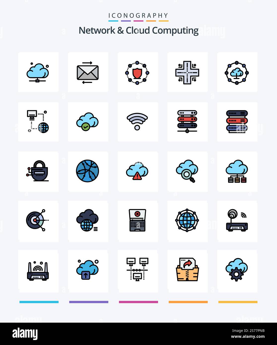 Creative Network And Cloud Computing 25 Line FIlled icon pack  Such As network. technology. . location. network Stock Vector