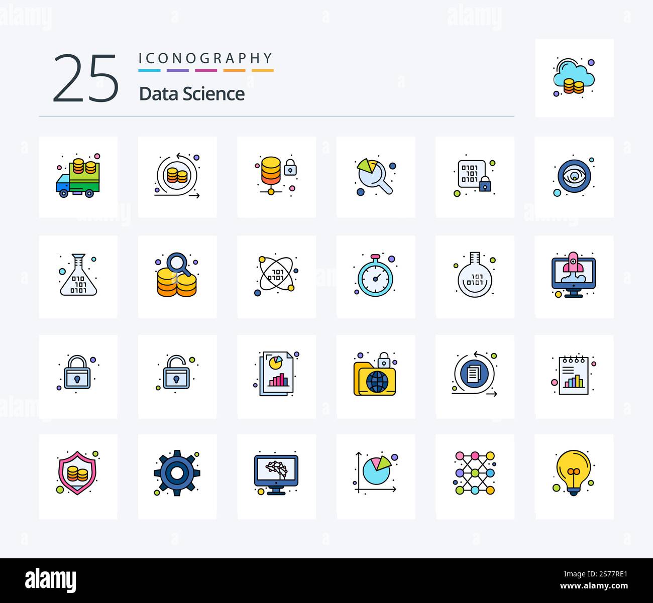 Data Science 25 Line Filled icon pack including rack. lock. lock. database. search Stock Vector